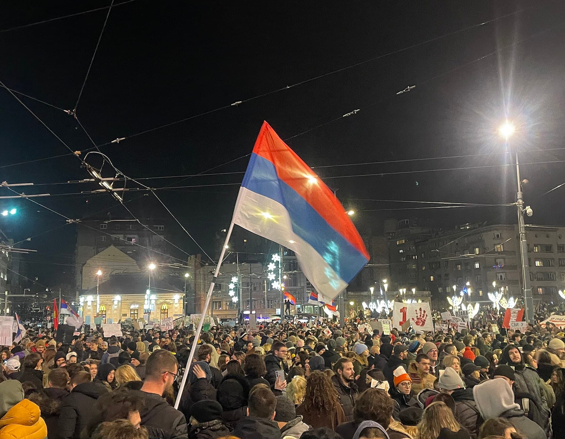 A large crowd of protesters in Slavija Square in Belgrade
